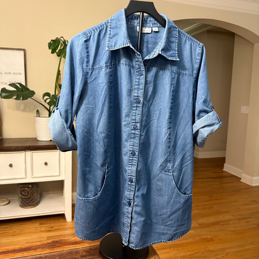 Joan Rivers Womens Denim Shirt Medium Wash Roll Tab Sleeve Button Front Pockets